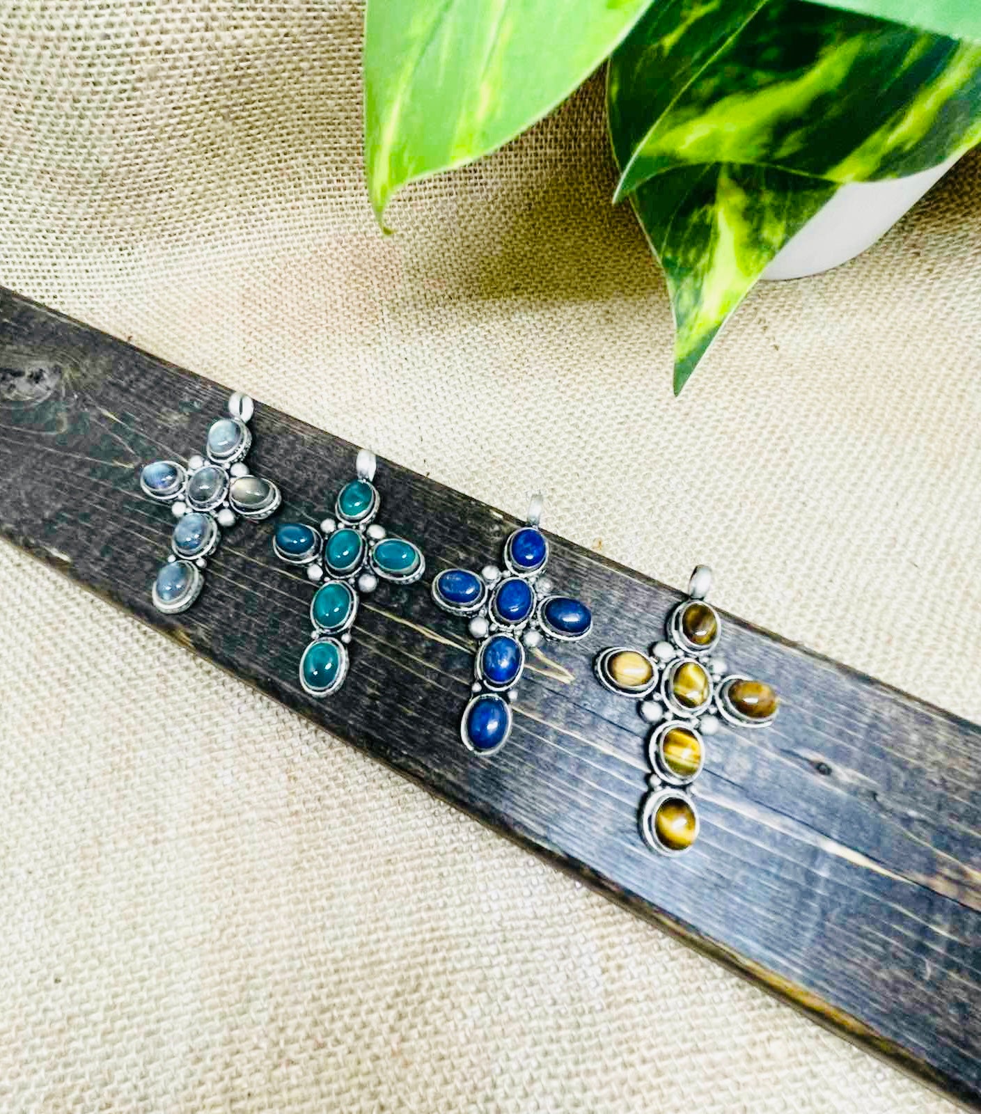 Long Cross Pendant, Handmade Labradorite Cross Jewelry, Women Necklace, Silver Cross, Gift for Him/Her, Tiger Eye Lapis Lazuli  Jade Piece