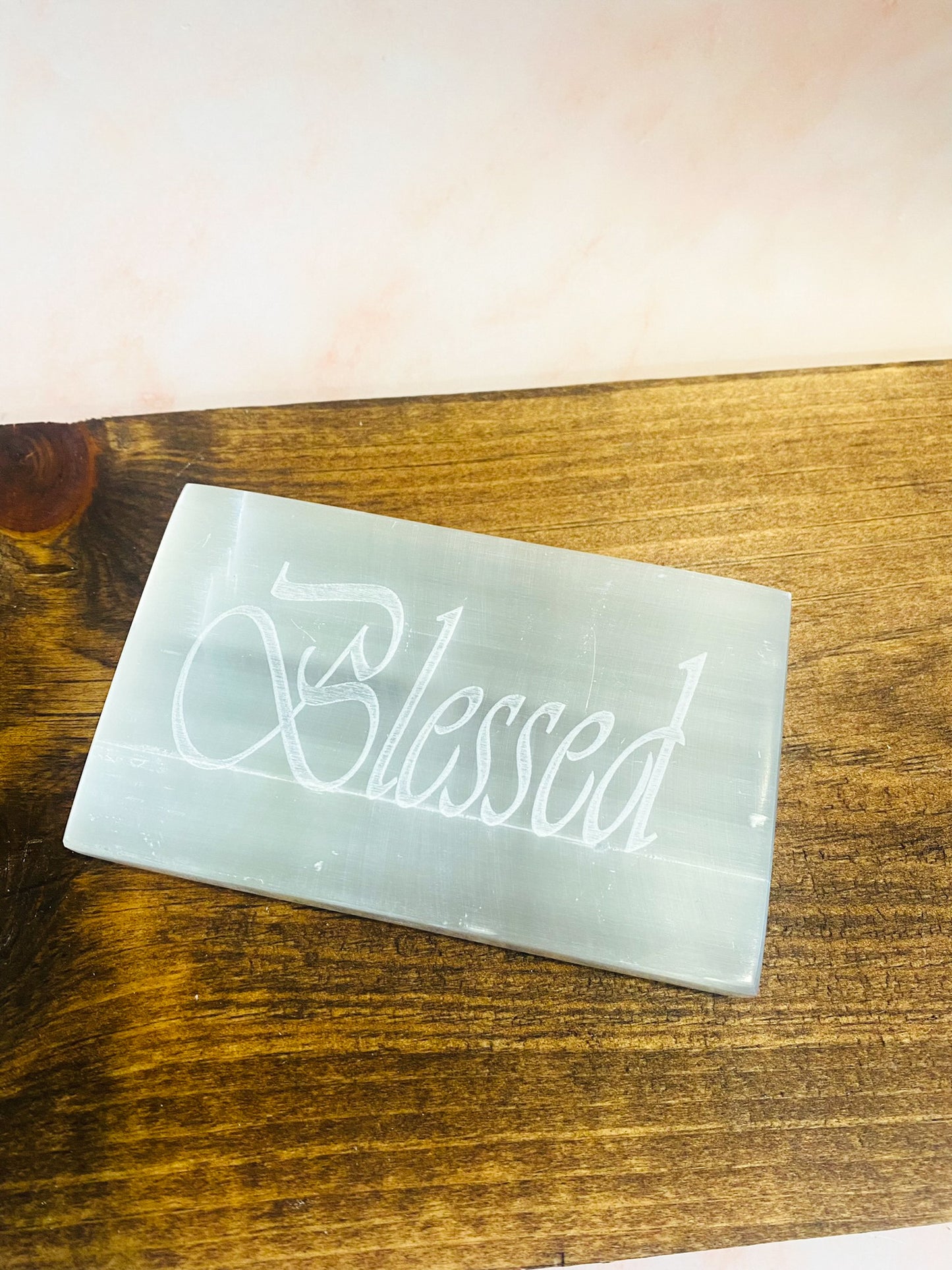 Selenite Carvings, Hand Carved Selenite Charging Plate, Blessed Carved in Selenite, Inspirational Word Carving in Sleenite, Square Selenite