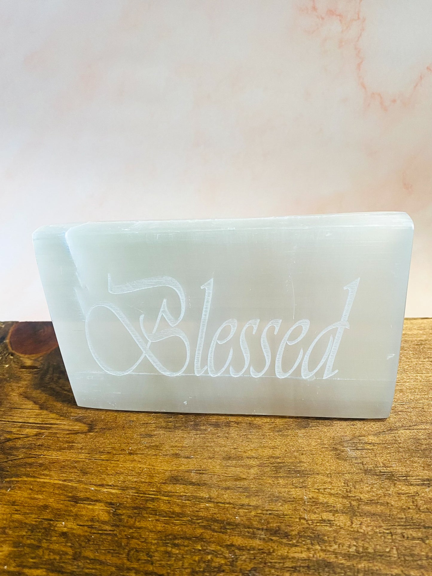 Selenite Carvings, Hand Carved Selenite Charging Plate, Blessed Carved in Selenite, Inspirational Word Carving in Sleenite, Square Selenite