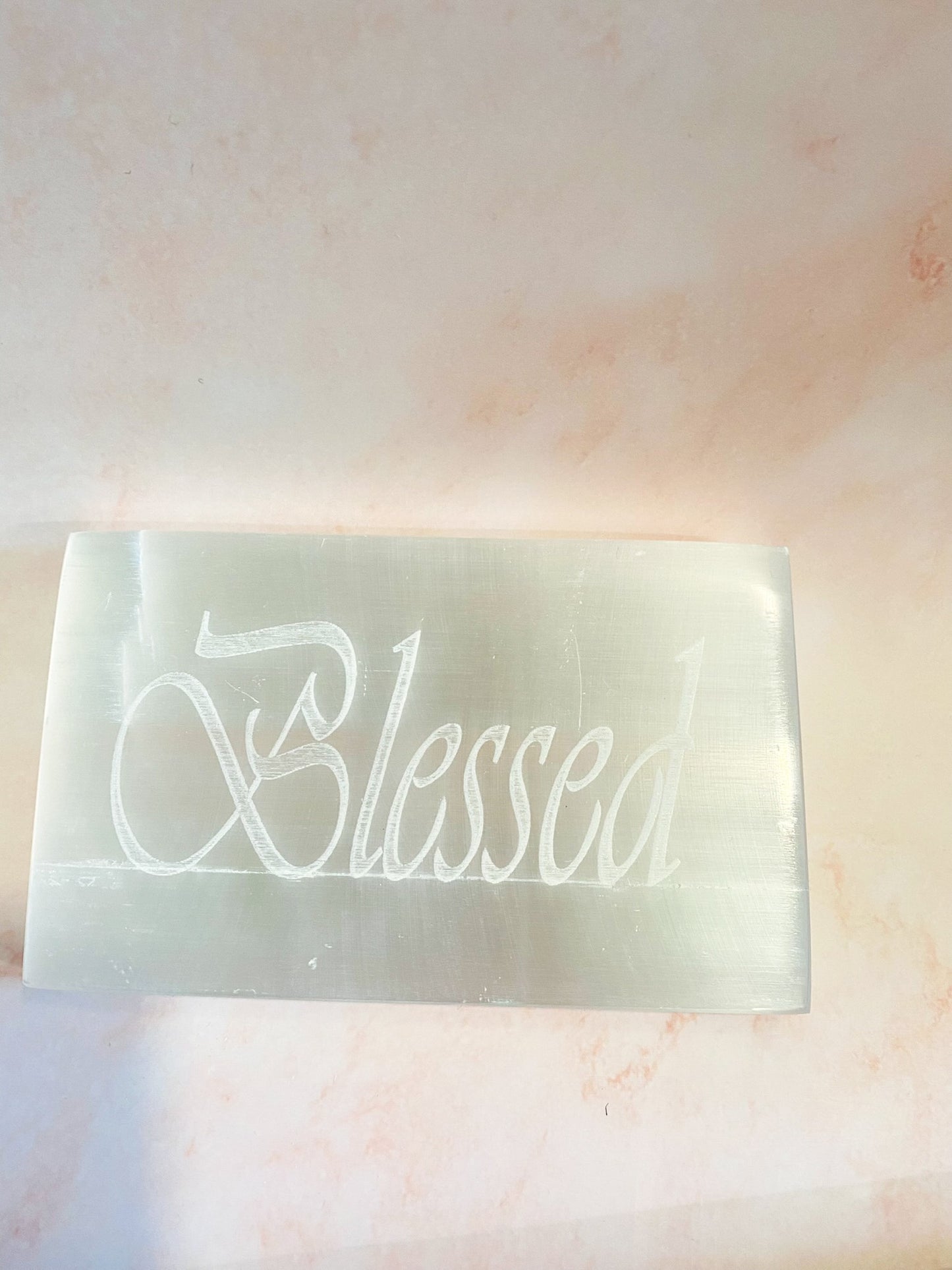 Selenite Carvings, Hand Carved Selenite Charging Plate, Blessed Carved in Selenite, Inspirational Word Carving in Sleenite, Square Selenite