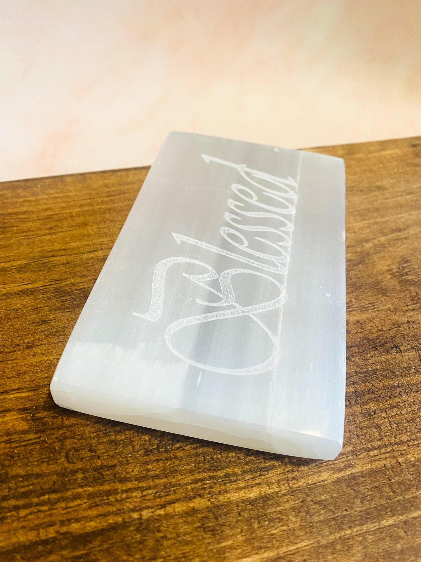 Selenite Carvings, Hand Carved Selenite Charging Plate, Blessed Carved in Selenite, Inspirational Word Carving in Sleenite, Square Selenite