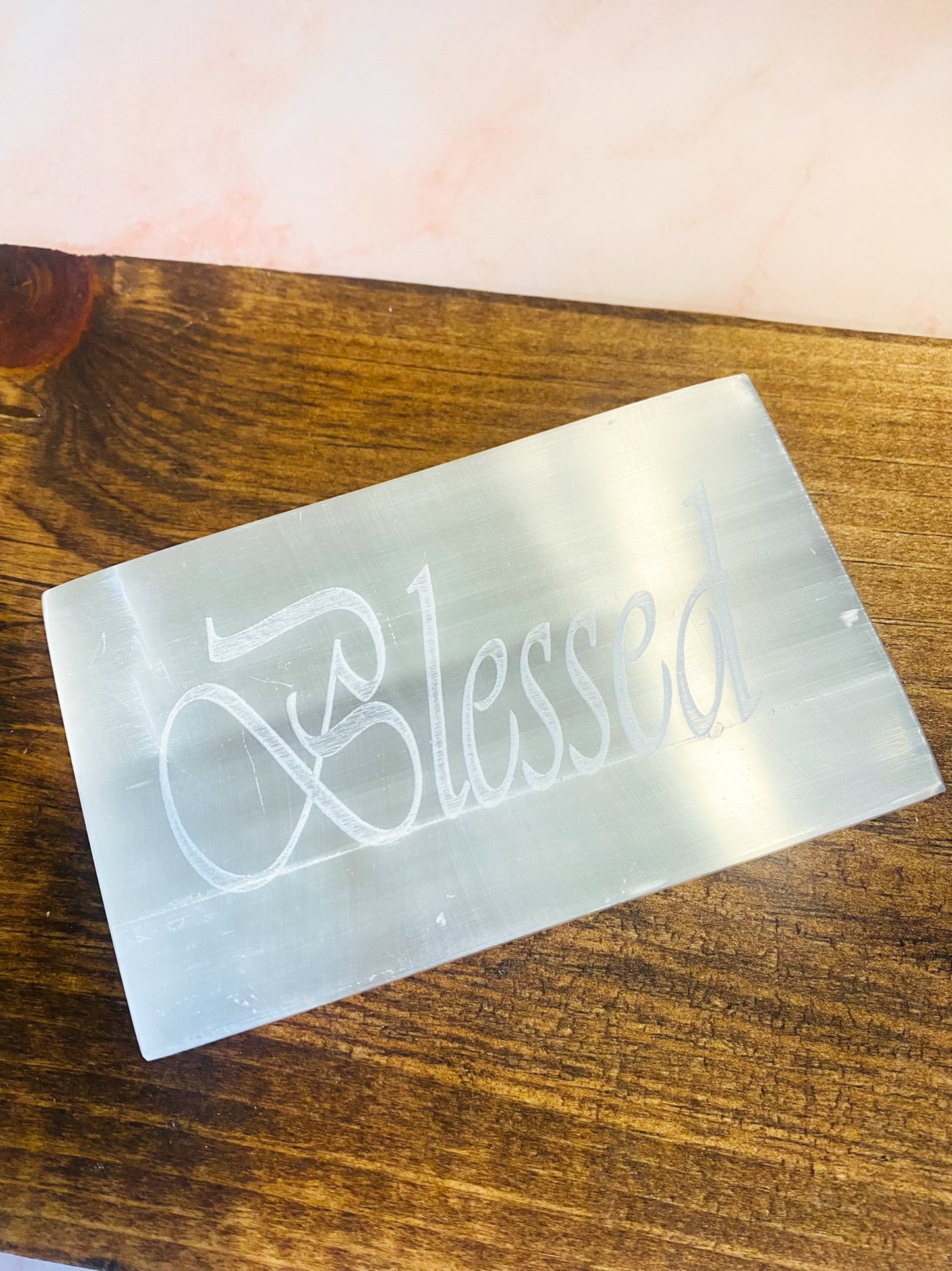 Selenite Carvings, Hand Carved Selenite Charging Plate, Blessed Carved in Selenite, Inspirational Word Carving in Sleenite, Square Selenite