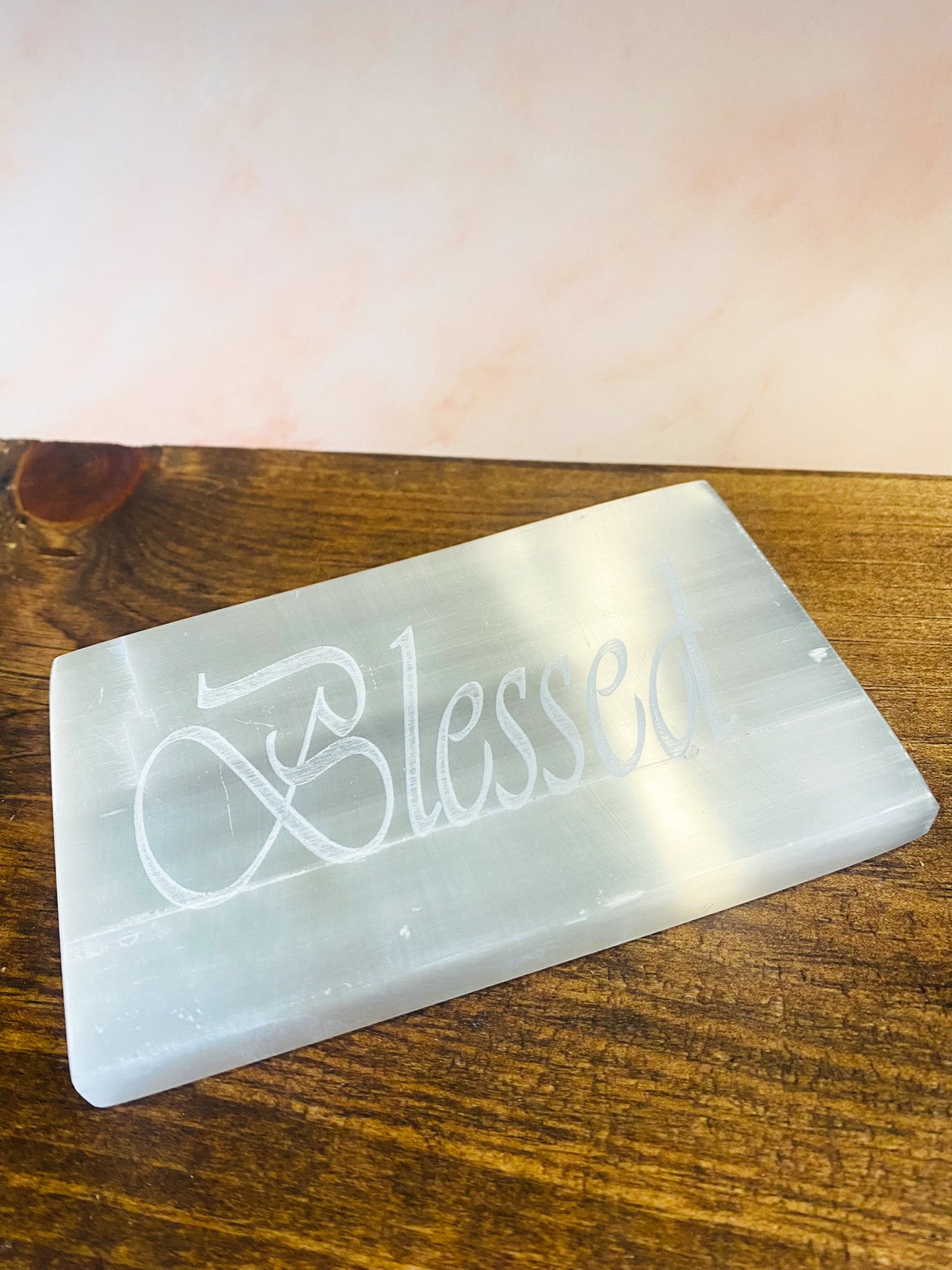 Selenite Carvings, Hand Carved Selenite Charging Plate, Blessed Carved in Selenite, Inspirational Word Carving in Sleenite, Square Selenite