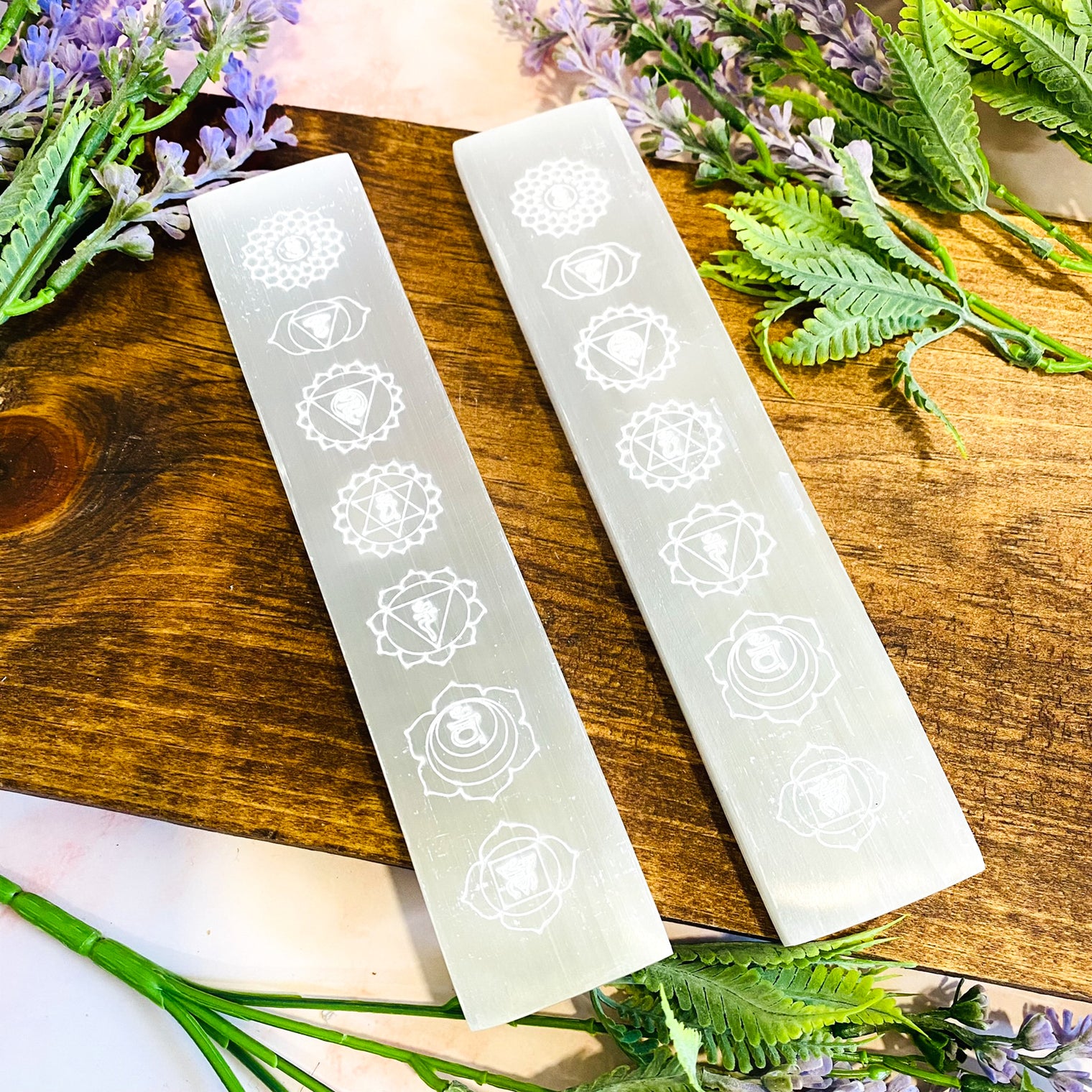 Selenite Chakra Cleansing Plate, Selenite Slab, Polished Selenite, Chakra Symbol Engraving, 7.5 inches Long Crystal Charger