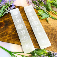 Selenite Chakra Cleansing Plate, Selenite Slab, Polished Selenite, Chakra Symbol Engraving, 7.5 inches Long Crystal Charger