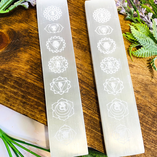 Selenite Chakra Cleansing Plate, Selenite Slab, Polished Selenite, Chakra Symbol Engraving, 7.5 inches Long Crystal Charger