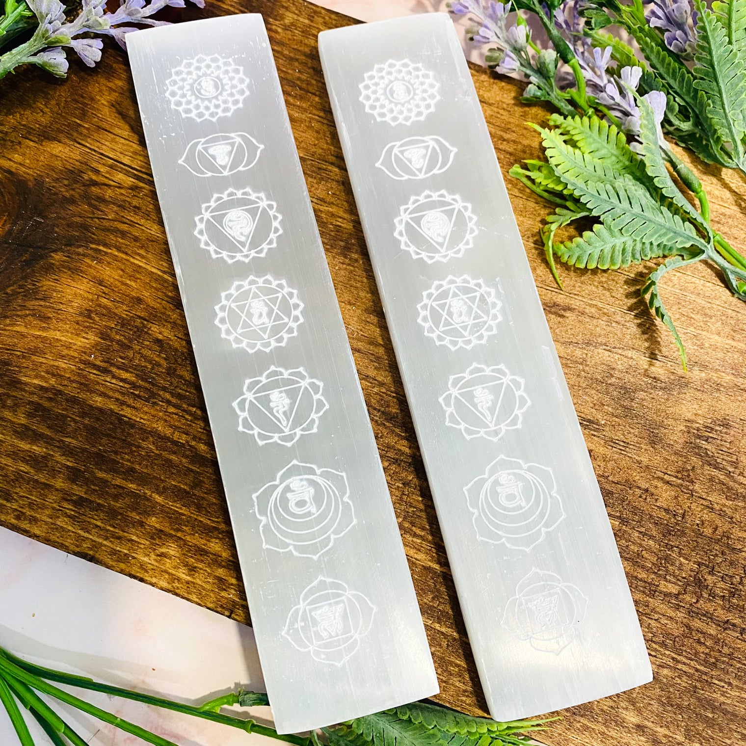 Selenite Chakra Cleansing Plate, Selenite Slab, Polished Selenite, Chakra Symbol Engraving, 7.5 inches Long Crystal Charger