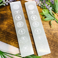 Selenite Chakra Cleansing Plate, Selenite Slab, Polished Selenite, Chakra Symbol Engraving, 7.5 inches Long Crystal Charger