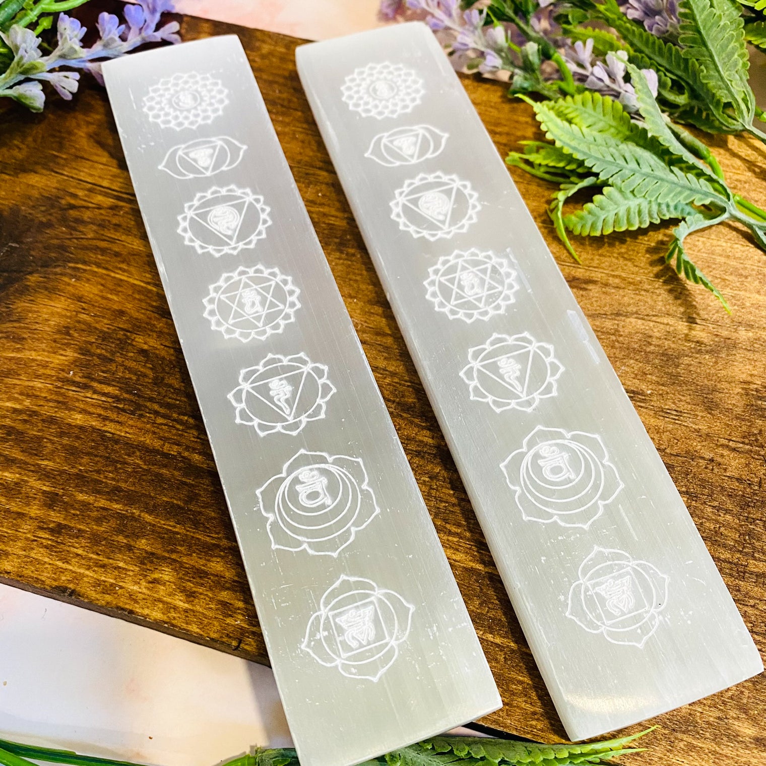 Selenite Chakra Cleansing Plate, Selenite Slab, Polished Selenite, Chakra Symbol Engraving, 7.5 inches Long Crystal Charger