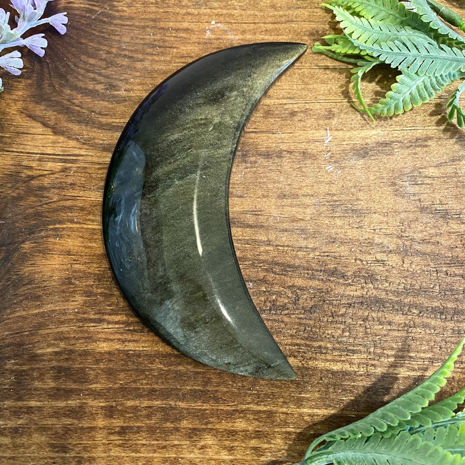 Gold Sheen Obsidian Carving, Crescent Moon Crystal, 4.7 inches Obsidian Hand Carved Crystal, Thick Half Moon Carving, Meditation Crystal
