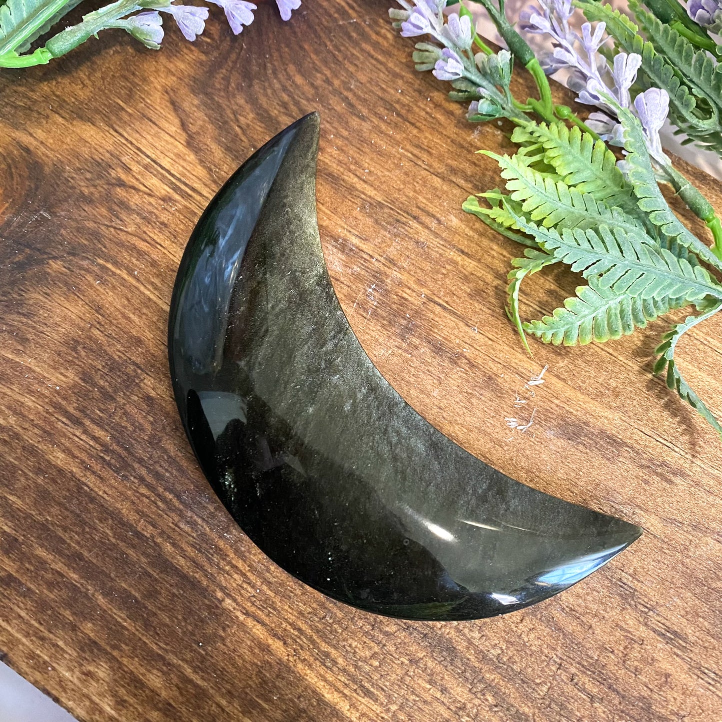 Gold Sheen Obsidian Carving, Crescent Moon Crystal, 4.7 inches Obsidian Hand Carved Crystal, Thick Half Moon Carving, Meditation Crystal