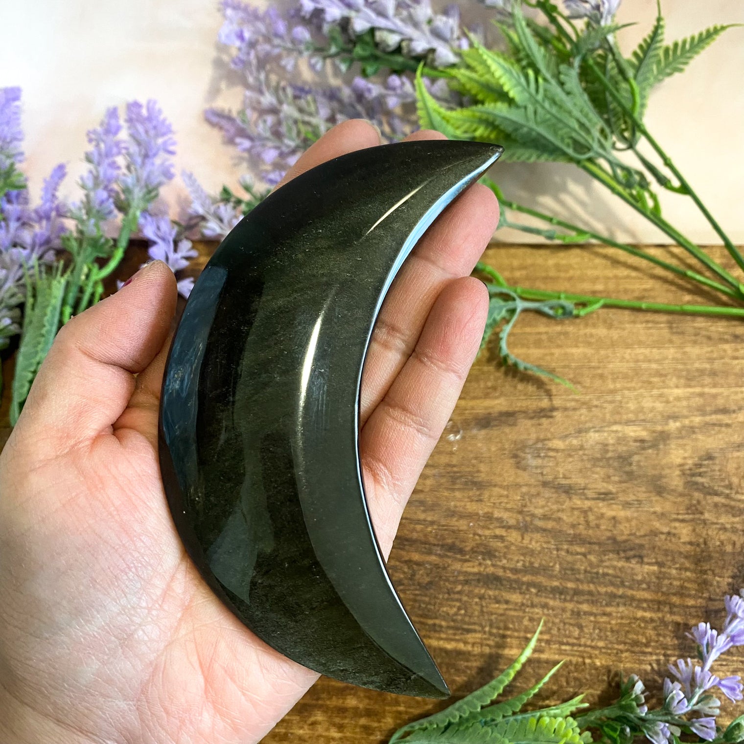 Gold Sheen Obsidian Carving, Crescent Moon Crystal, 4.7 inches Obsidian Hand Carved Crystal, Thick Half Moon Carving, Meditation Crystal