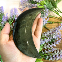 Gold Sheen Obsidian Carving, Crescent Moon Crystal, 4.7 inches Obsidian Hand Carved Crystal, Thick Half Moon Carving, Meditation Crystal