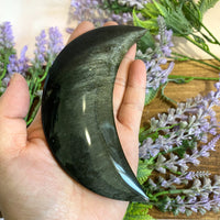 Gold Sheen Obsidian Carving, Crescent Moon Crystal, 4.7 inches Obsidian Hand Carved Crystal, Thick Half Moon Carving, Meditation Crystal