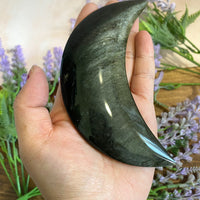 Gold Sheen Obsidian Carving, Crescent Moon Crystal, 4.7 inches Obsidian Hand Carved Crystal, Thick Half Moon Carving, Meditation Crystal