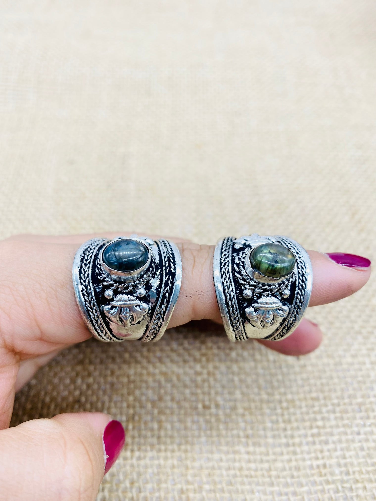 Chunky Adjustable Natural Gemstone Ring, Tiger eye Labradorite Jade Ring, Thumb Ring, Hand Carved Dorje Engraved Ring, Amulet Ring