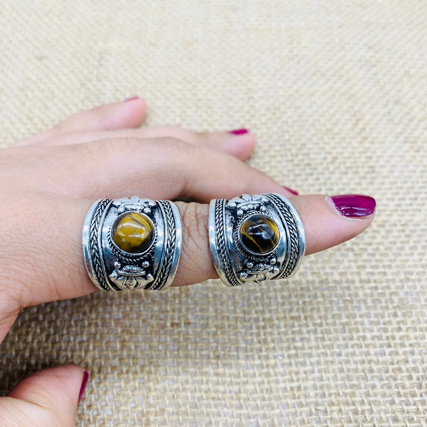 Chunky Adjustable Natural Gemstone Ring, Tiger eye Labradorite Jade Ring, Thumb Ring, Hand Carved Dorje Engraved Ring, Amulet Ring