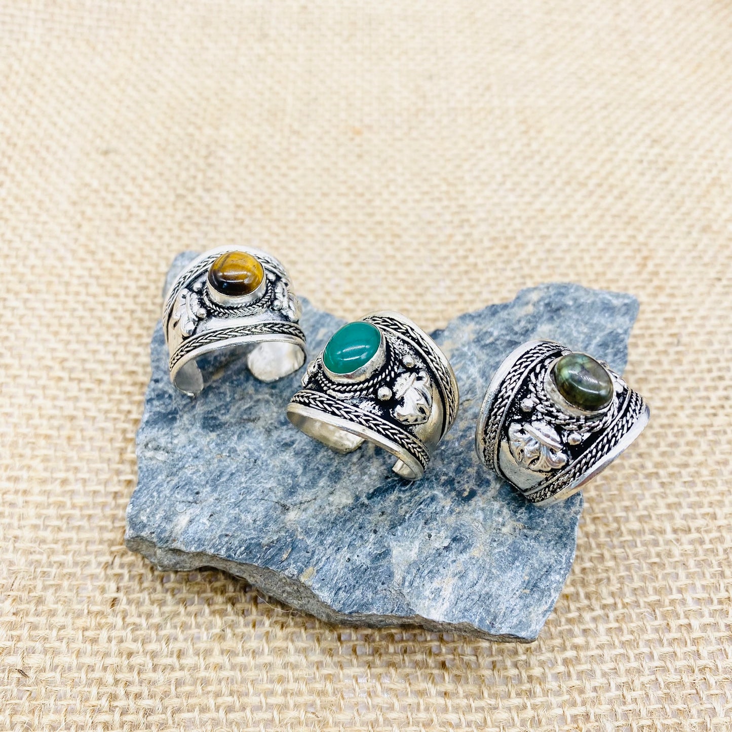 Chunky Adjustable Natural Gemstone Ring, Tiger eye Labradorite Jade Ring, Thumb Ring, Hand Carved Dorje Engraved Ring, Amulet Ring