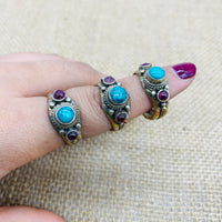 Bohemian Gemstone Ring, Handmade Rings, Gift for her, Rosequartz Jade Garnet Lapis Lazuli Turquoise Onyx , Copper Adjustable Ring