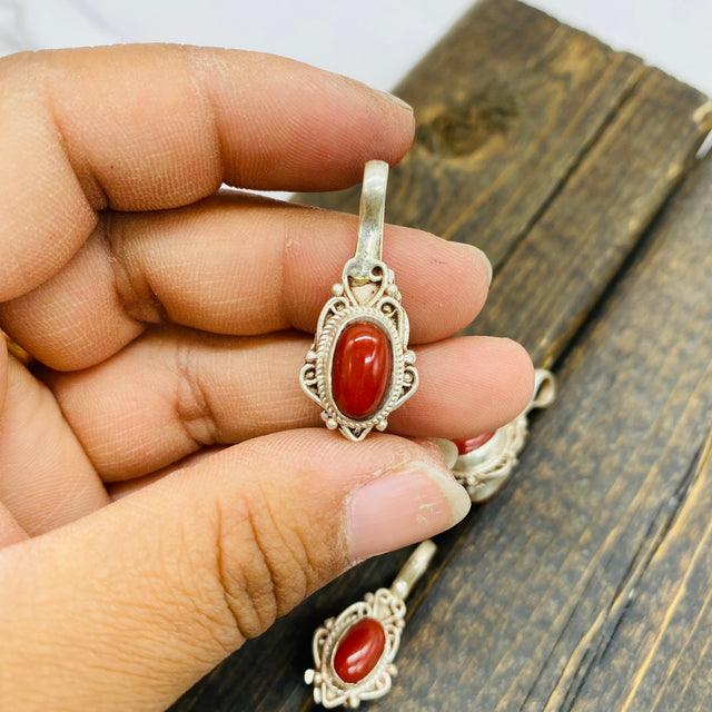 Sterling Silver Coral Pendant, Double Sided Coral Charms, Handmade Bohemian Jewelry, Silver Wrapped Jewelry, Natural Stone Unisex Pendant