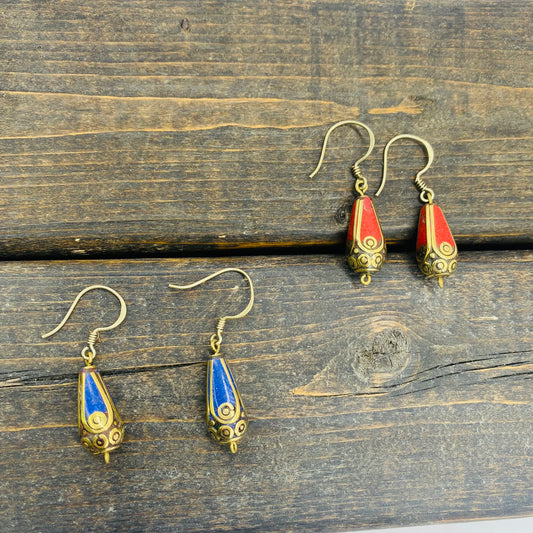 Nepali Turquoise and Coral Earring/ Tear Shaped/Simple Gemstone Earring/Simple Earring/Small Dangle Earring/Boho/Hippie Jewelry
