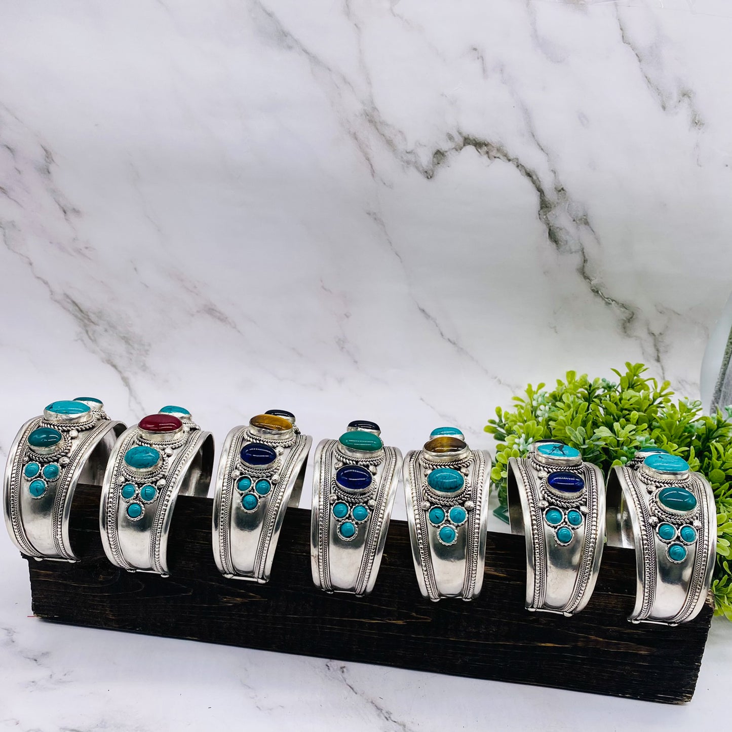 Ethnic Handmade Metal Cuffs with Gemstones, Unisex Natural Stone Jewelry, Wide Cuff Bracelets, Bohemian Unique Jewelry