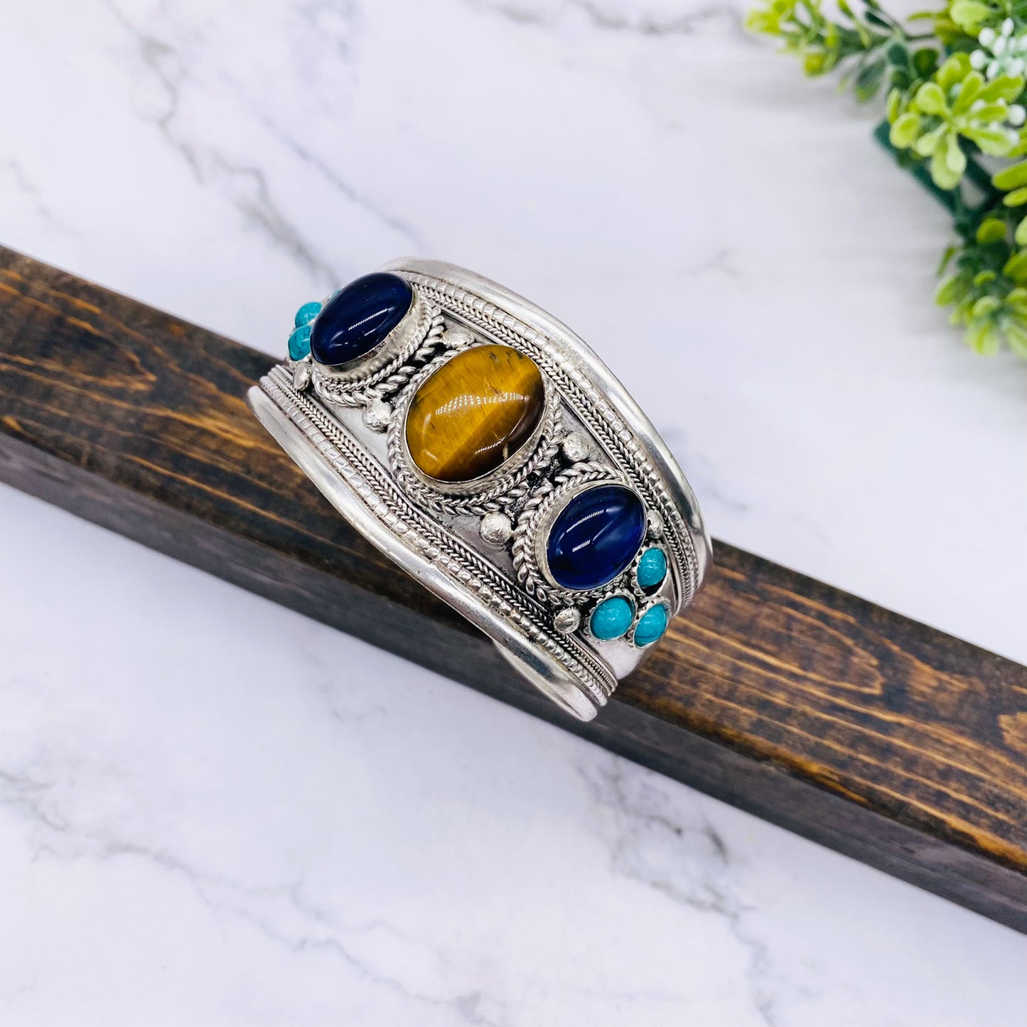 Ethnic Handmade Metal Cuffs with Gemstones, Unisex Natural Stone Jewelry, Wide Cuff Bracelets, Bohemian Unique Jewelry