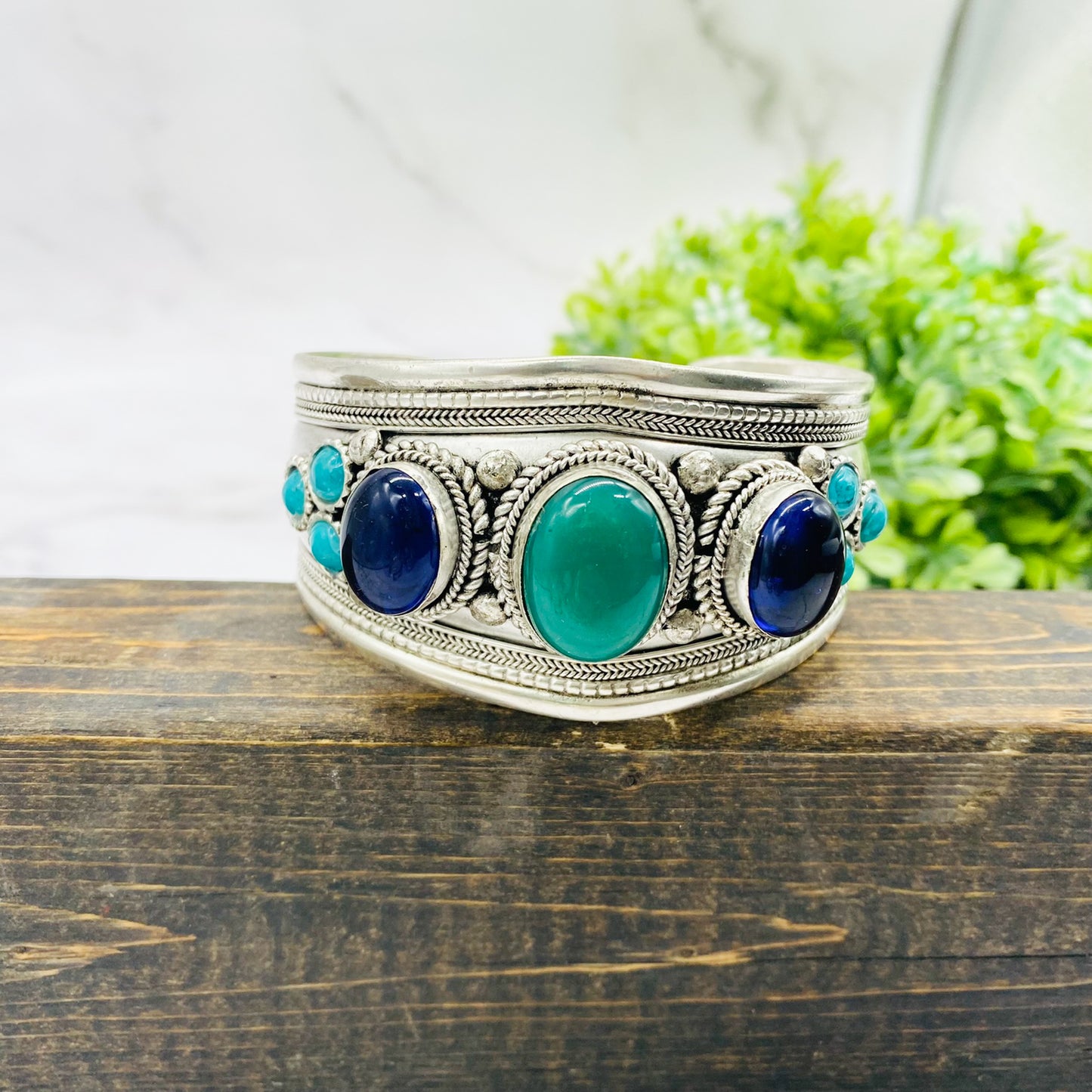 Ethnic Handmade Metal Cuffs with Gemstones, Unisex Natural Stone Jewelry, Wide Cuff Bracelets, Bohemian Unique Jewelry