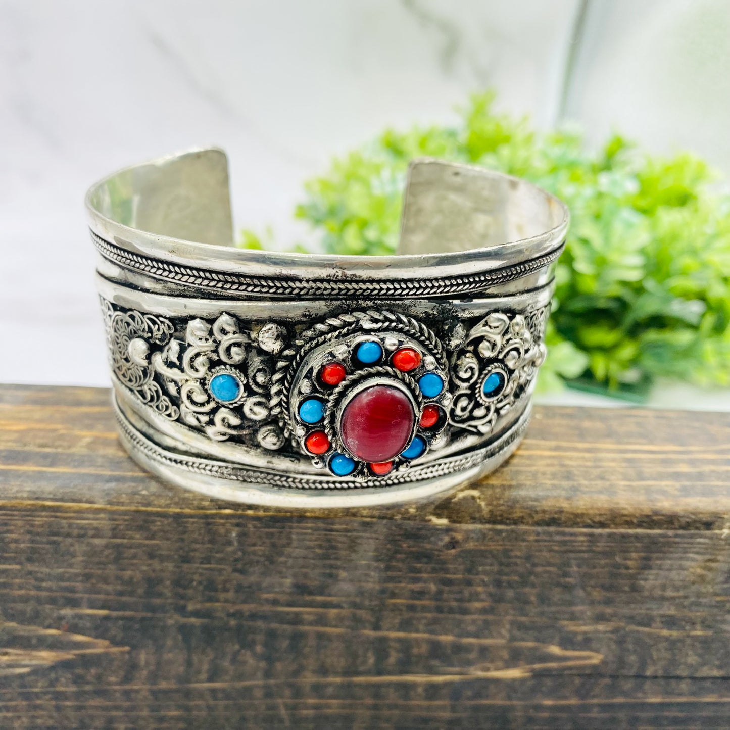 Wide Cuff Bracelet with Gemstone, Handmade Ethnic Silver Bracelet, Filigree Design Jewelry, Unique Accessories, Gift for Her, Hippie Style