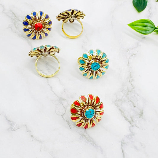 Gold Filled Handmade Rings, Bohemian Jewelry, Flower Design Rings, Gift For Mom, Statement Ring, Bohemian Style, Turquoise/Coral/Lapislazuli