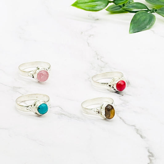 Sterling Silver Ring, Rose Quartz/ Tiger Eye/ Coral/ Turquoise Ring, Natural Crystal Ring, Gift For Her, Minimalistic Ring, Healing Crystal