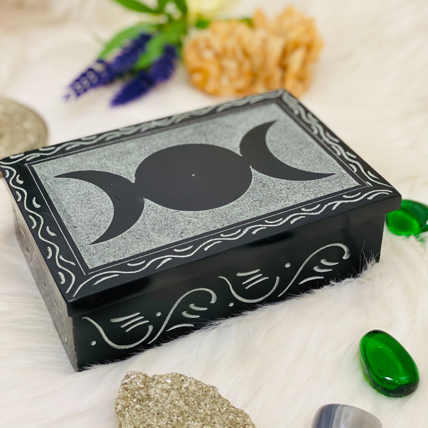 Triple Moon Carved Soap Stone Box