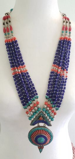 Vintage Turquoise/Coral  Multi Strand  Handmade Tibetan Necklace, Tribal Fusion Neckpiece, Unique Large Jewelry, Bohemian Accessories