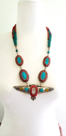 Turquoise/Coral Tibetan Multistrand Handmade  Necklace, Indian Style Neckpiece, Bohemian Jewelry, Gypsy Necklace, Hippie Jewelry