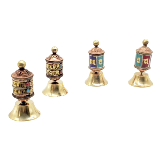Handmade 2 inches Tall Prayer Wheel with Dharma Wheel Mantra Roll Inside, Buddhist Spinning Prayer Wheels, Buddhist Altar Decor