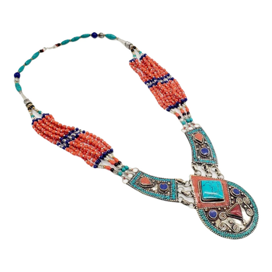 Chunky Women Gemstone Necklace, Bohemian Jewelry, Vintage Neckpiece, Statement Tribal Fusion Jewelry, Indian Style, Gypsy Jewelry