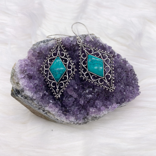 Silver Dangle Earrings, Women Jewelry, Crystal Earrings, Filigree Earrings, Unique Accessories, Bohemian Ethnic Earrings, Turquoise, Jade