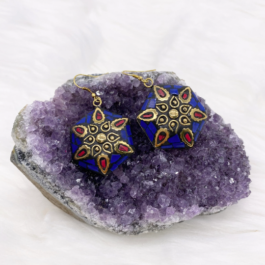 Tibetan Turquoise, Coral, Lapis Lazuli Round Earrings, Bohemian Jewelry, Ethnic Silver Earrings, Unique Women Accessories, Gift for Her