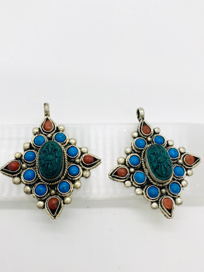 Handmade Dorje/Vajra Pendant Tibetan Silver Dorje Necklace, Turquoise Coral Vajra, Silver Vajra Pendant, Vajra Neckpiece,Buddhist Amulet
