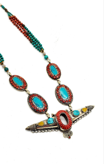 Turquoise/Coral Tibetan Multistrand Handmade  Necklace, Indian Style Neckpiece, Bohemian Jewelry, Gypsy Necklace, Hippie Jewelry