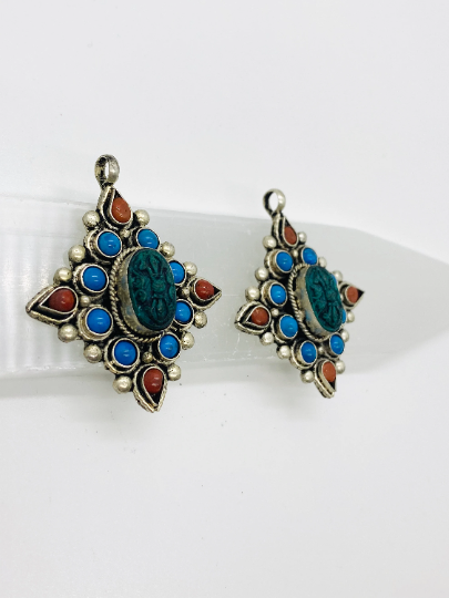 Handmade Dorje/Vajra Pendant Tibetan Silver Dorje Necklace, Turquoise Coral Vajra, Silver Vajra Pendant, Vajra Neckpiece,Buddhist Amulet