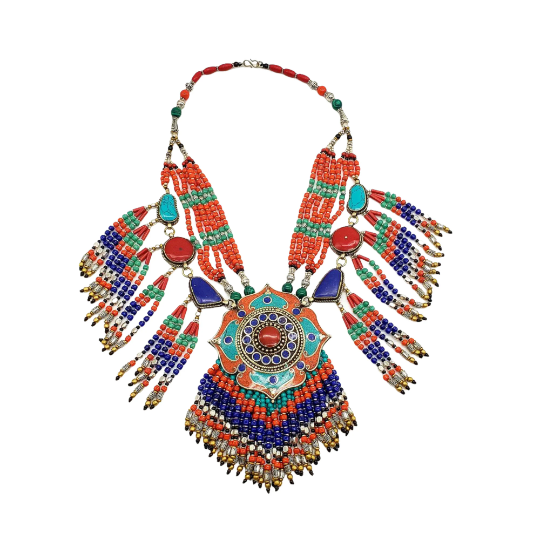 Vintage Multi Strand Chunky Necklace, Tribal Fusion Neckpiece, Gypsy Pendant Jewelry, BohemianJewelry, Coral Turquoise Lapis Lazuli Necklace
