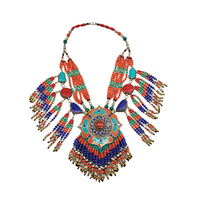 Vintage Multi Strand Chunky Necklace, Tribal Fusion Neckpiece, Gypsy Pendant Jewelry, BohemianJewelry, Coral Turquoise Lapis Lazuli Necklace