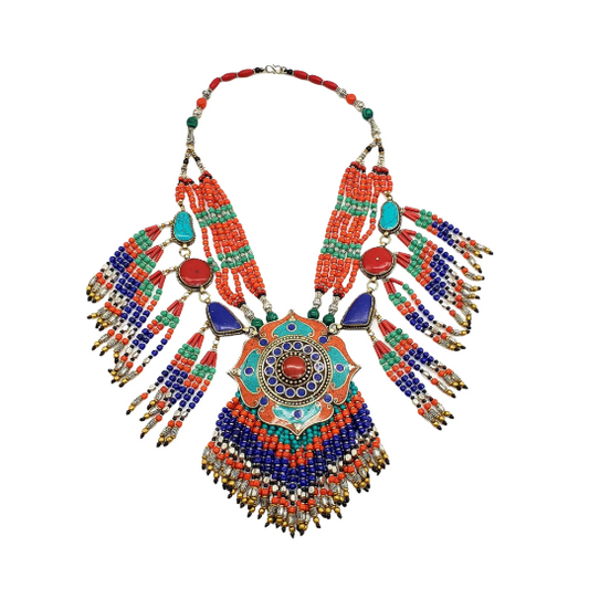 Vintage Multi Strand Chunky Necklace, Tribal Fusion Neckpiece, Gypsy Pendant Jewelry, BohemianJewelry, Coral Turquoise Lapis Lazuli Necklace