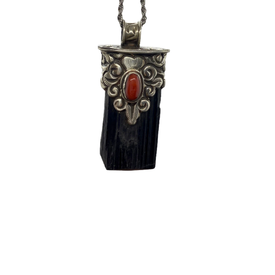 Sterling Silver Rough Tormaline Pendant, Handcarved Raw Tourmaline Necklace, Coral Pendants, Vintage Crystal Necklace, Protection Necklace