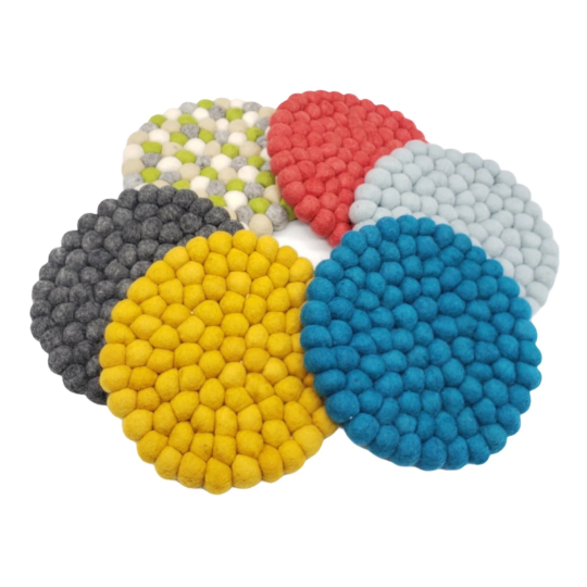 Felted Ball Trivet, Round Colorful Wool Pompom Mini Mats, Solid Color Trivet Coaster Set Housewarming Gift
