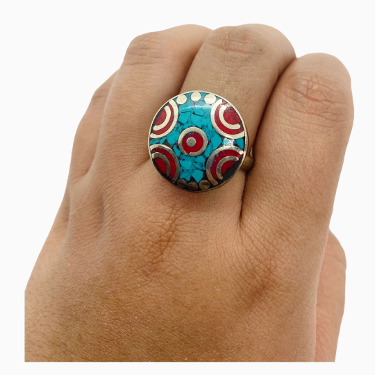 Round Turquoise/Coral Rings/Tibetan Rings/Gemstone Rings/Hippie Rings/Ethnic Boho Rings/Gypsy Rings/Statement Rings/Handmade Rings