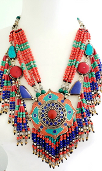 Vintage Multi Strand Chunky Necklace, Tribal Fusion Neckpiece, Gypsy Pendant Jewelry, BohemianJewelry, Coral Turquoise Lapis Lazuli Necklace