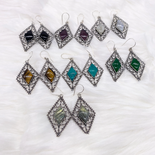 Silver Dangle Earrings, Women Jewelry, Crystal Earrings, Filigree Earrings, Unique Accessories, Bohemian Ethnic Earrings, Turquoise, Jade