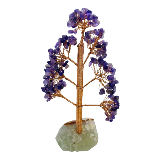 Crystal Prosperity Tree, 8 Inches Feng Shui Bonsai Tree, Copper Wired Rose Quartz, Citrine, Amethyst Money Tree with Fluorite Base